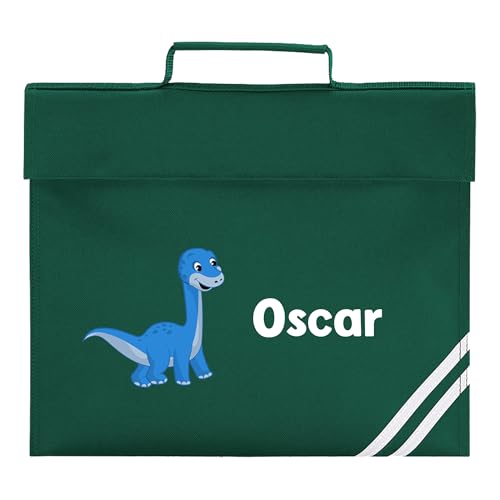 Green school book bag with cartoon dinosaur and personalised white name.
