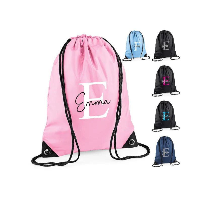 Personalised kids drawstring bag with printed name and initial