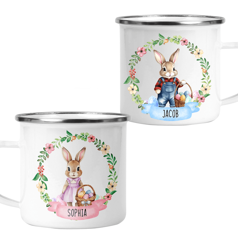 Personalised Easter Bunny Wreath Enamel Mug shown with printed design