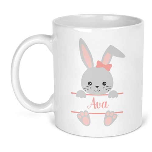 Personalised pink easter bunny ceramic mug with name.