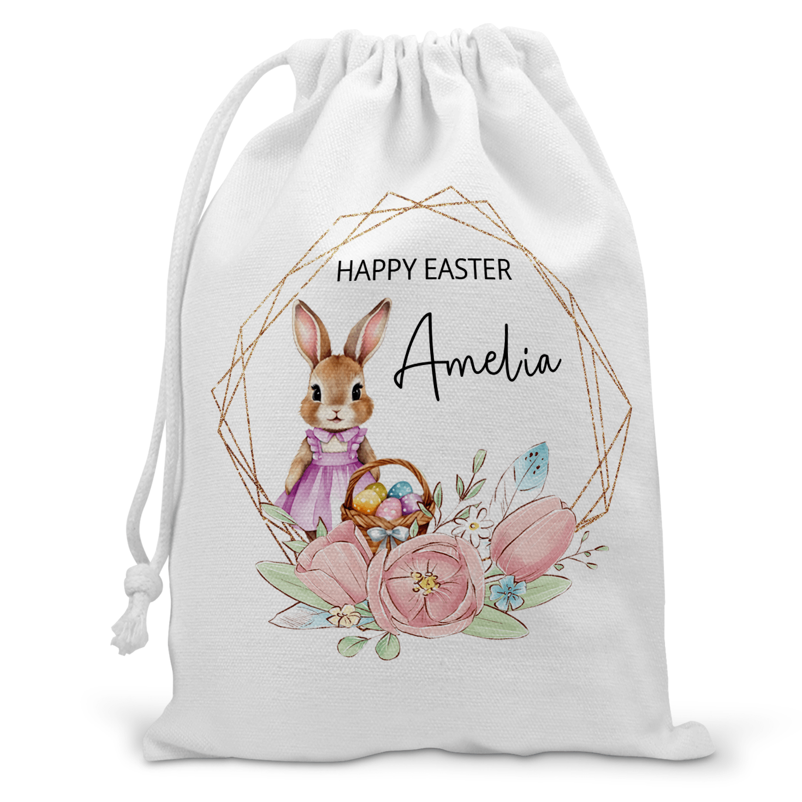 Personalised Easter Gift Bag - Pink Rabbit | Custom Easter Sack - Chicken Craft Ltd