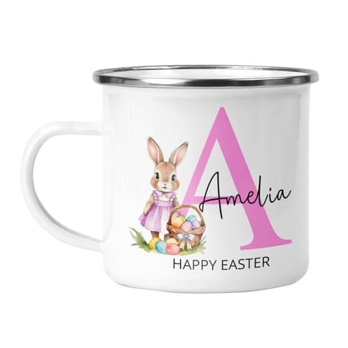Personalised Easter enamel mug with pink initial, name and bunny design