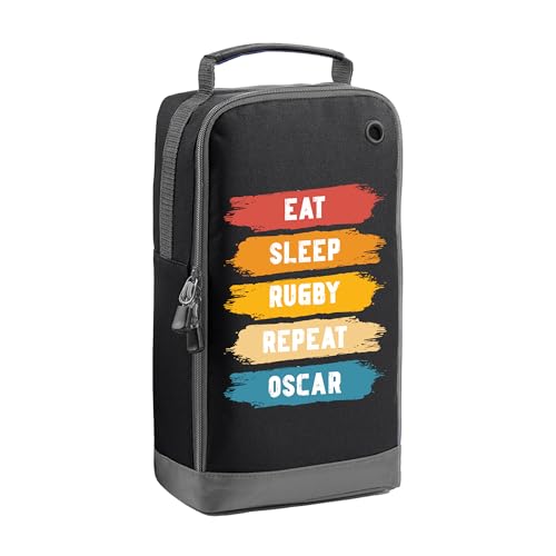 Black rugby boot bag with Eat Sleep Rugby Repeat design and name