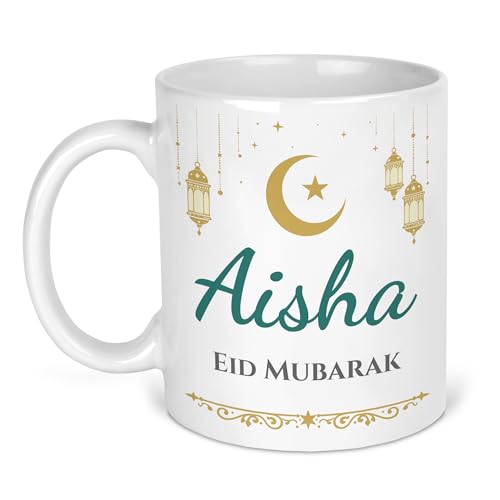 Personalised Eid Mubarak lantern mug with large teal name