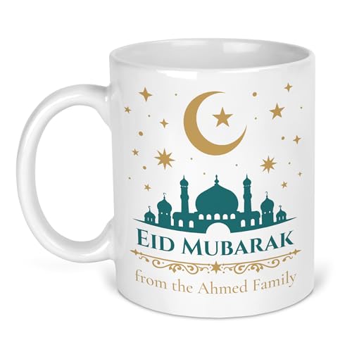 Personalised Eid Mubarak Teal Mosque Mug with Message with Eid Mubarak Teal Mosque design