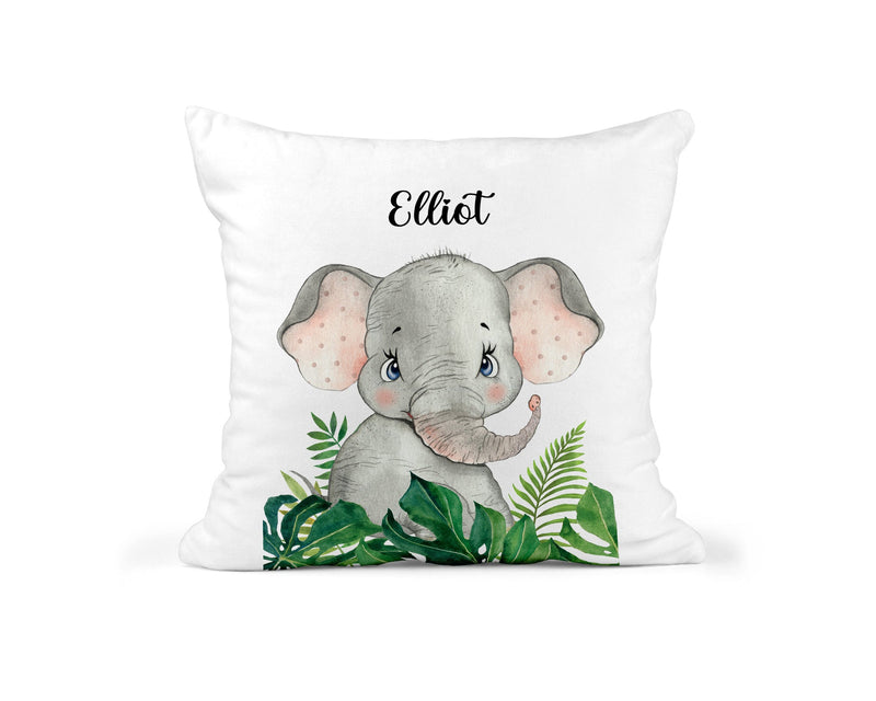 Personalised Elephant Cushion with Name showing gentle elephant artwork front view