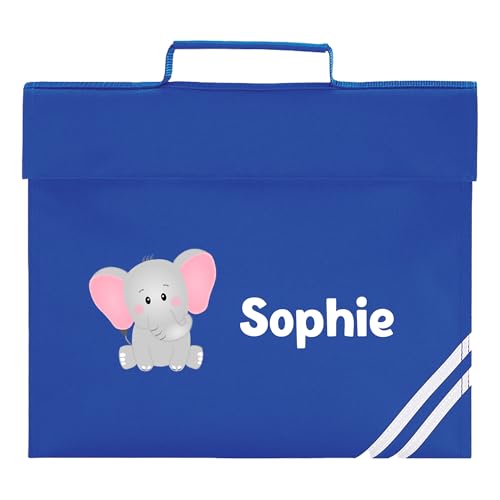 Blue school book bag with Elephant design and name print.