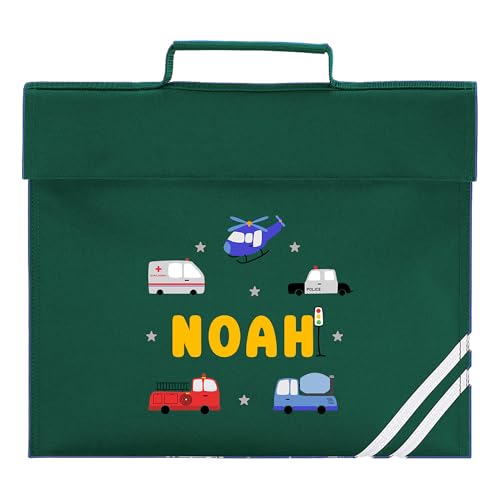 Green school book bag with emergency service vehicles and personalised name.