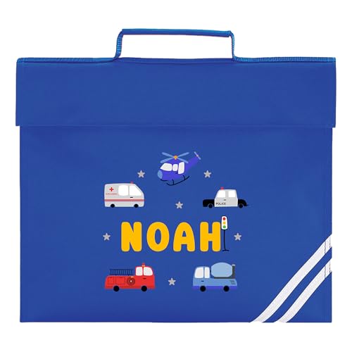 Blue school book bag with emergency vehicles design and personalised name.