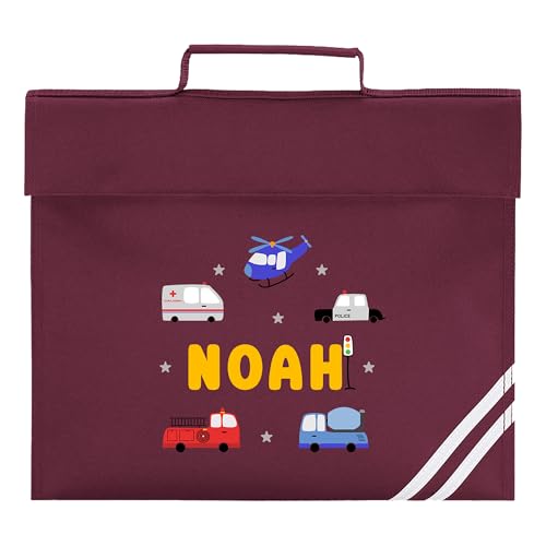 Burgundy school book bag with emergency vehicles and personalised name.