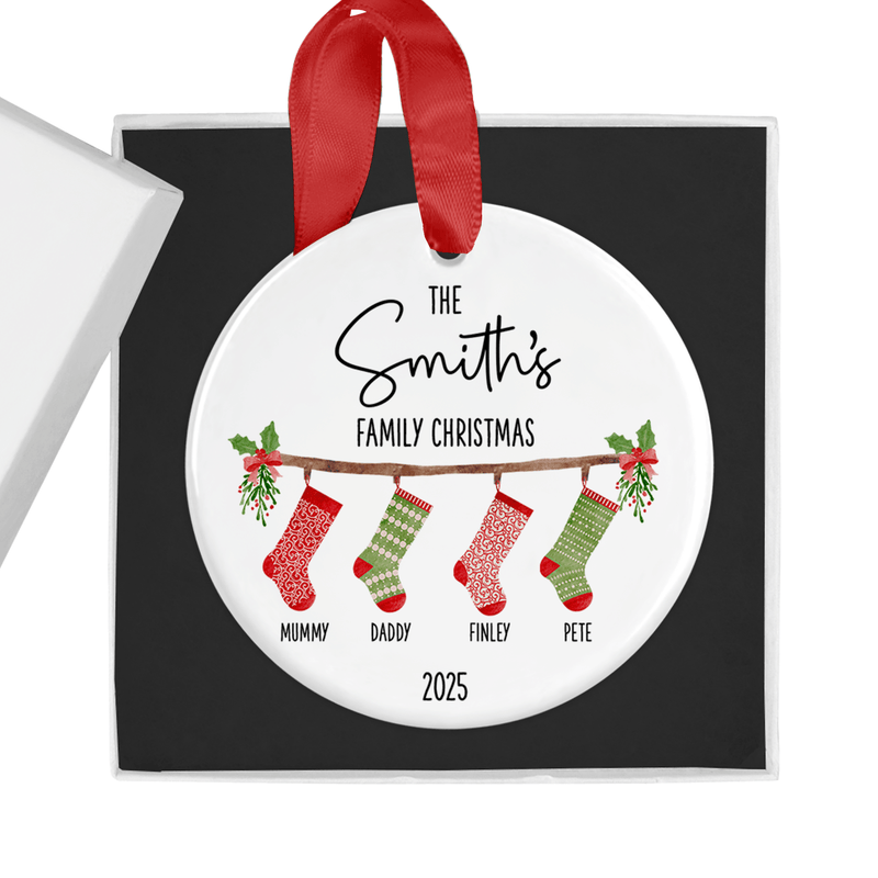 Personalised ceramic ornament with a row of colourful stockings