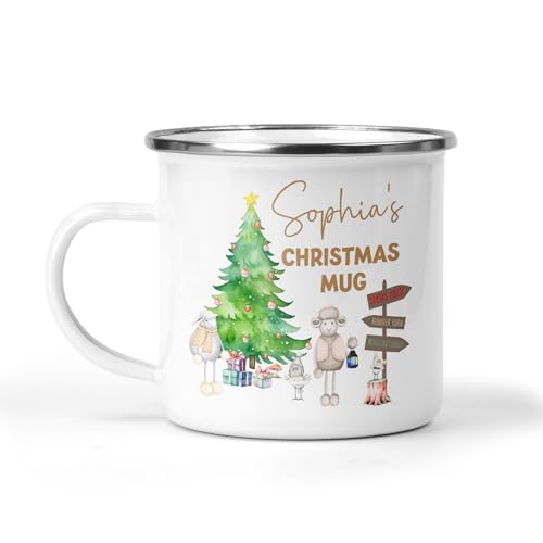 Festive Christmas enamel mug with personalised name