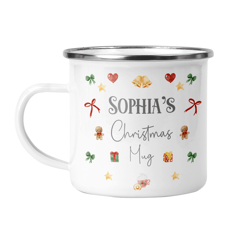 Personalised Festive Enamel Mug shown with printed design