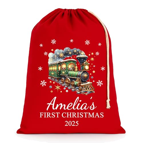 Personalised Festive Train Christmas Santa Sack with Name