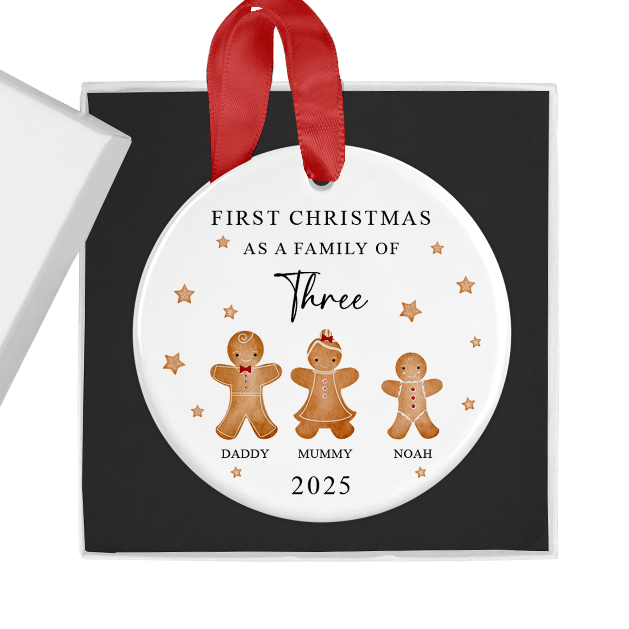 Personalised First Christmas as a Family of 3 Gingerbread Ornament with Gift Box - Chicken Craft Ltd