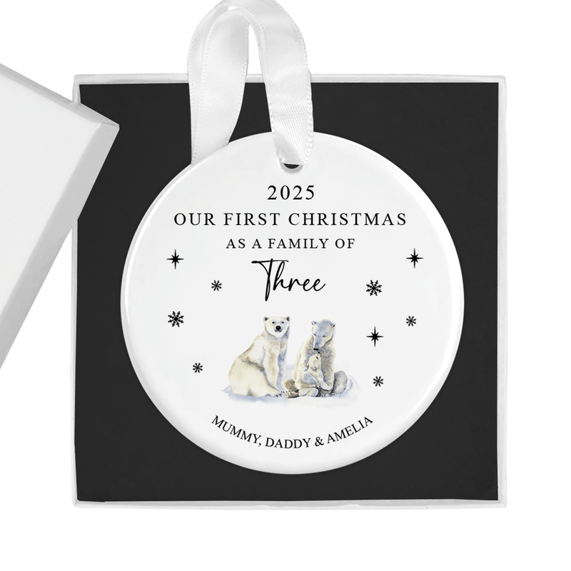 Personalised ceramic ornament with a charming polar bear family illustration