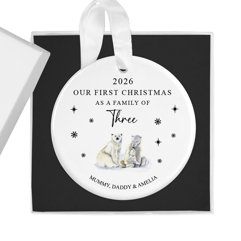 Personalised ceramic ornament with a charming polar bear family illustration