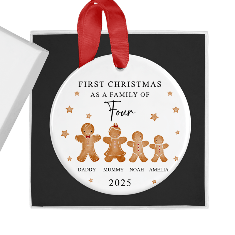 Personalised ceramic ornament with a sweet gingerbread family of four with customisable names beneath each character