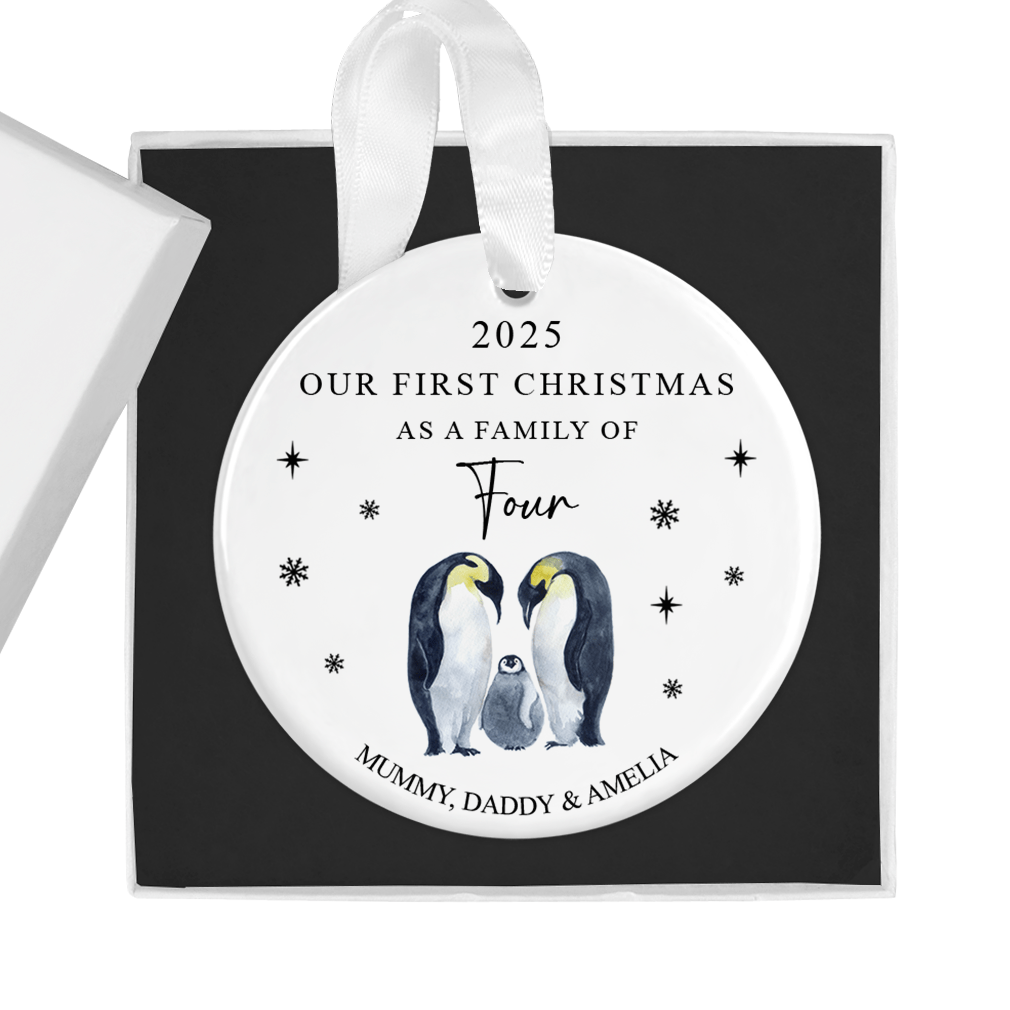 Personalised First Christmas as a Family of Four Penguin Ornament with Gift Box - Chicken Craft Ltd