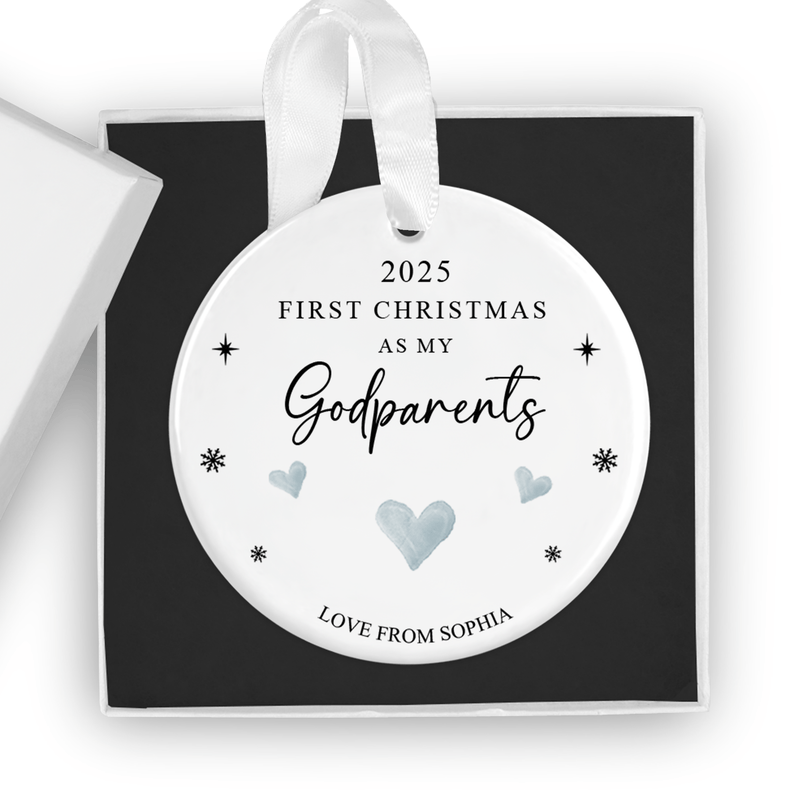 Personalised ceramic ornament with a modern heart design with delicate snowflakes