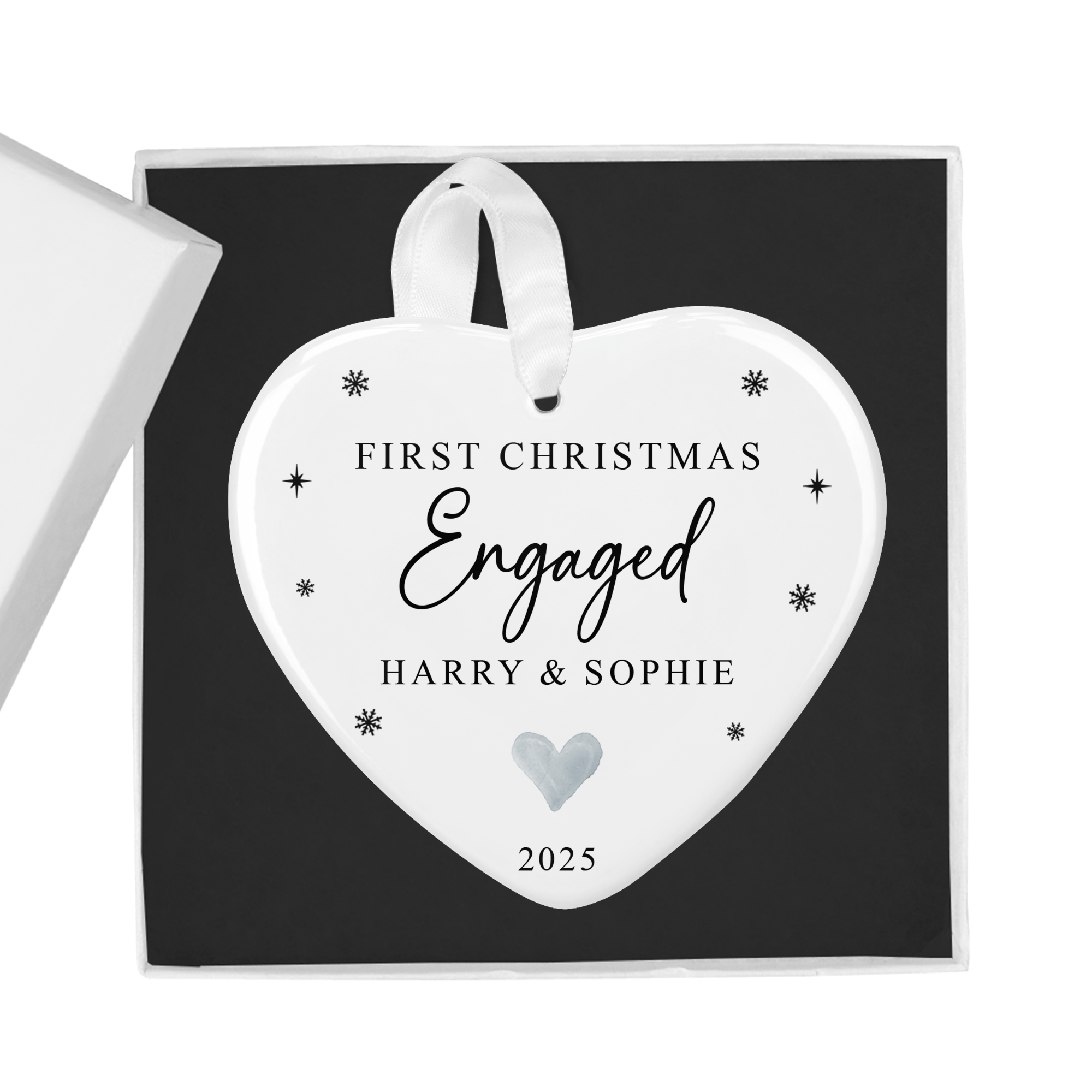 Personalised First Christmas Engaged Heart Ornament with Gift Box - Chicken Craft Ltd