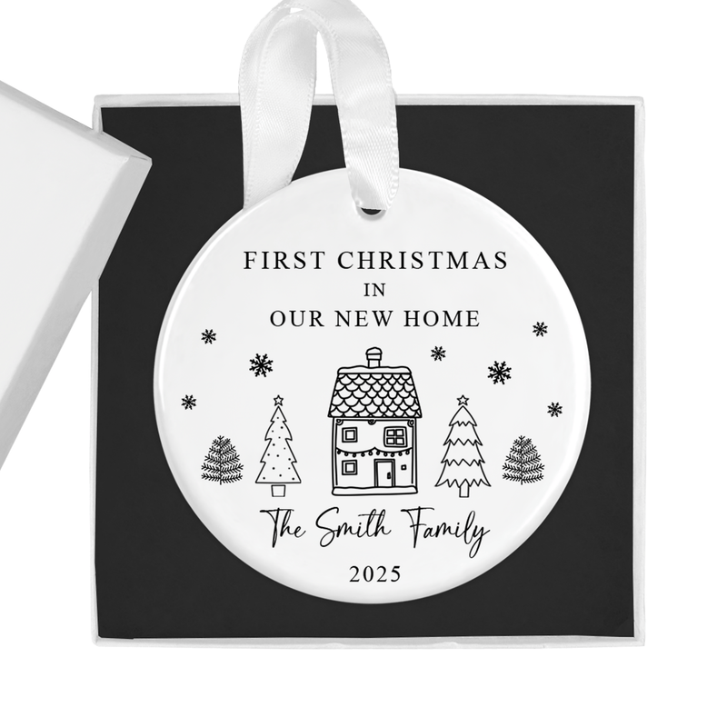 Personalised ceramic ornament with a charming black-and-white house and tree design