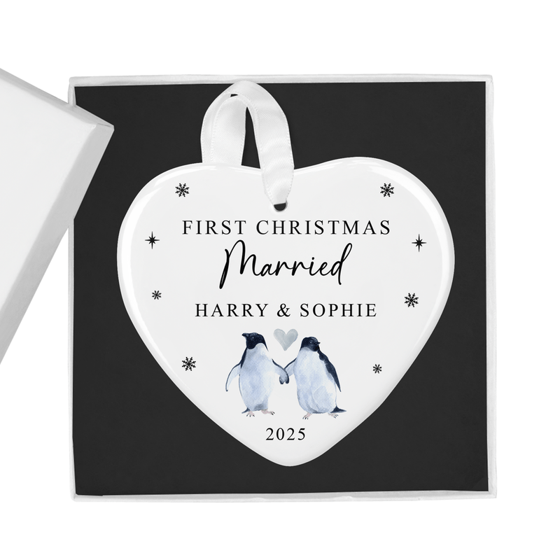 Personalised ceramic ornament with an adorable penguin couple
