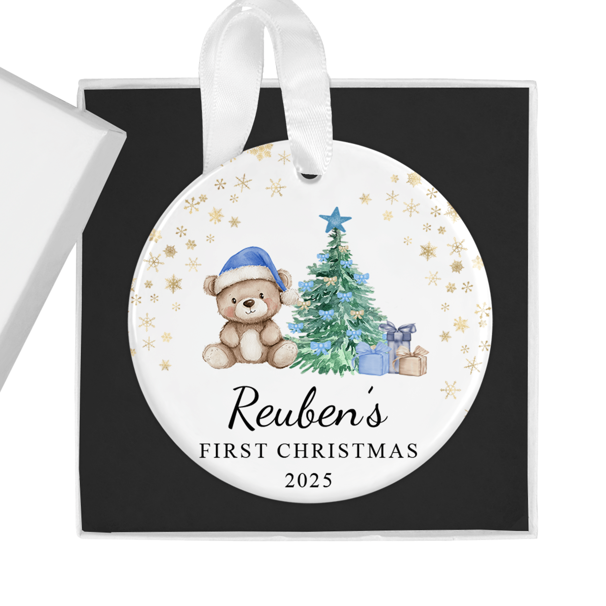 Personalised First Christmas Ornament - Blue Teddy Bear with Gift Box - Chicken Craft Ltd