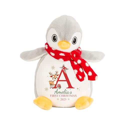 Personalised First Christmas Penguin Teddy - Name And Initial Reindeer Design