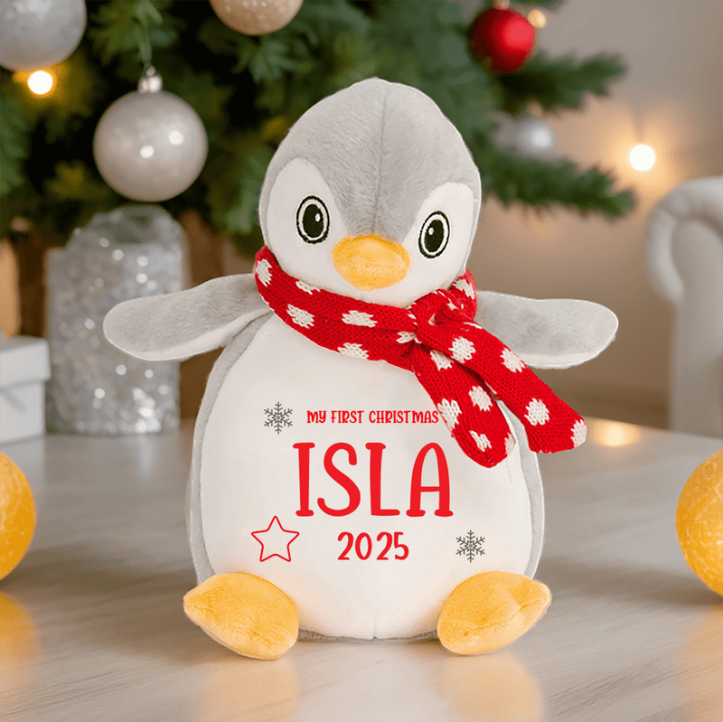 Personalised 1st Christmas Red Penguin Soft Toy with Name showing red First Christmas penguin