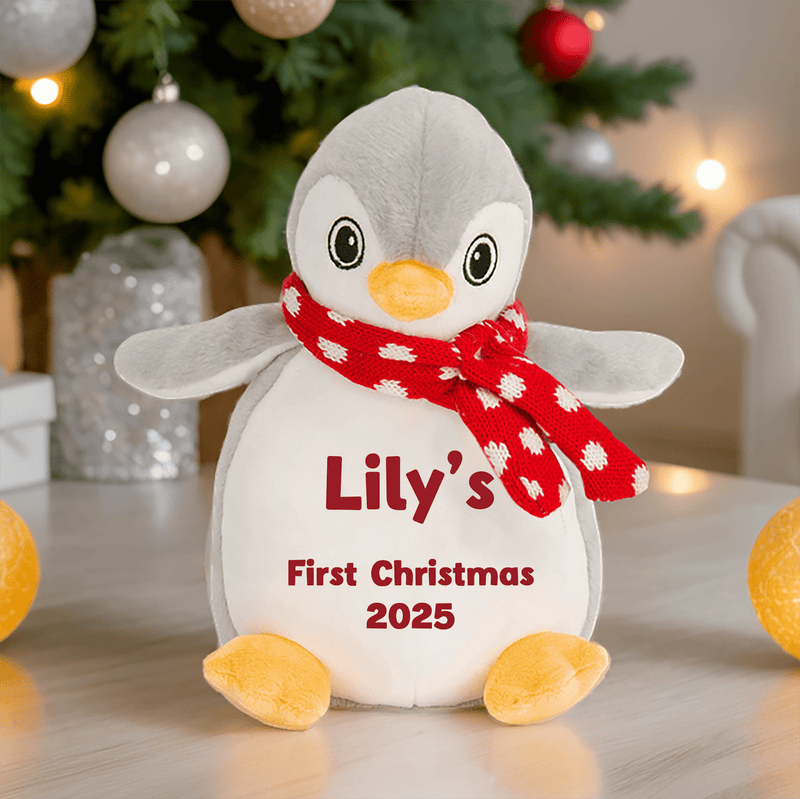Personalised 1st Christmas Red Name Penguin Soft Toy showing red First Christmas penguin