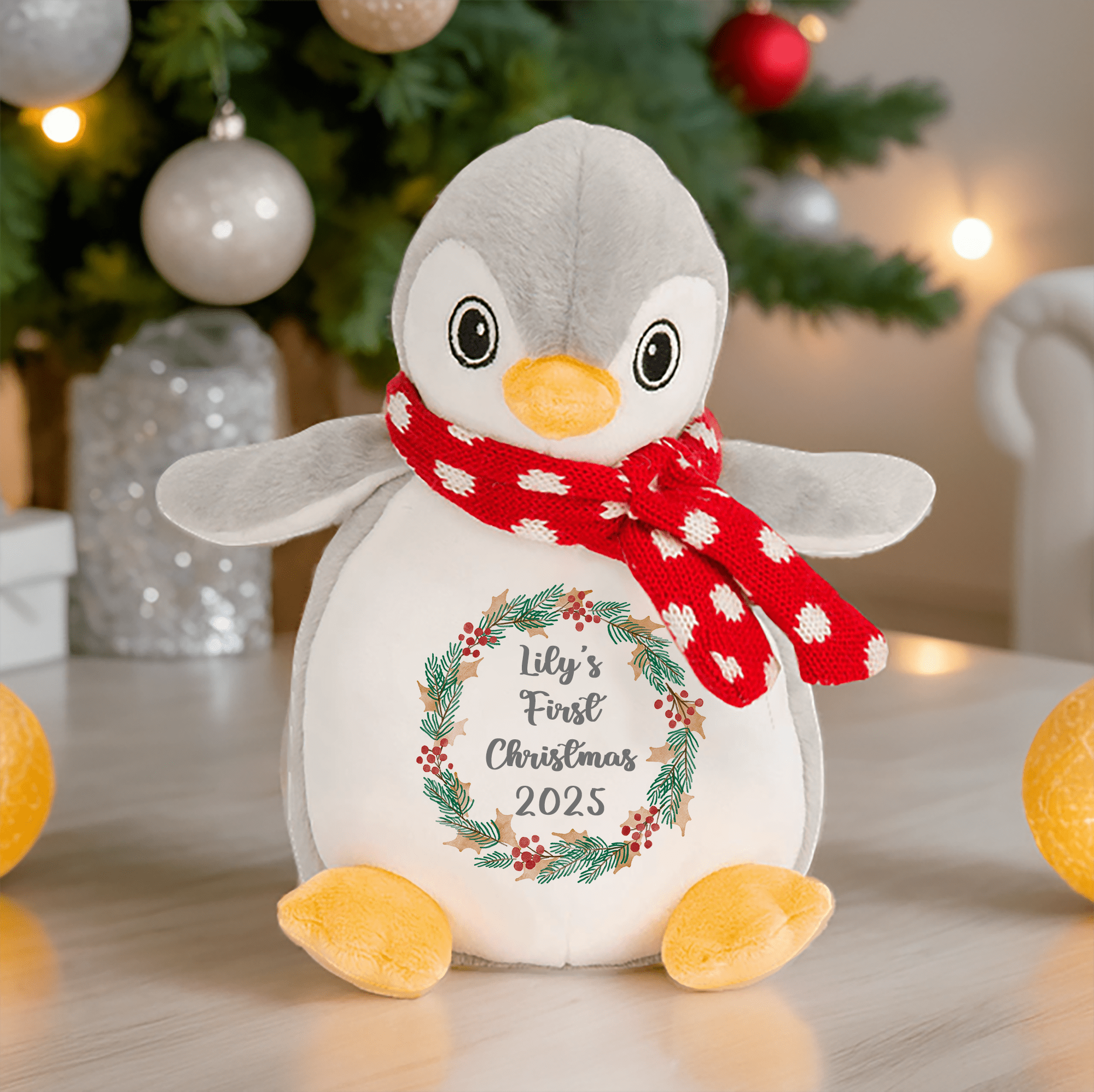 Personalised First Christmas Teddy, Penguin Soft Toy, Baby 1st Christmas Gift - Chicken Craft Ltd