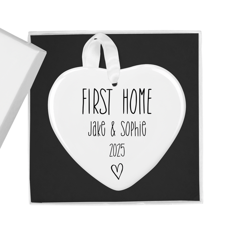 Personalised ceramic ornament with a minimalist modern design with delicate typography and a small heart motif