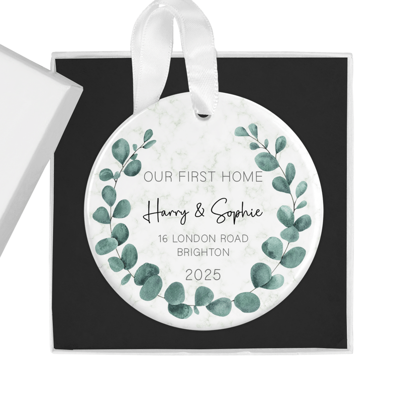 Personalised ceramic ornament with a delicate green eucalyptus wreath design