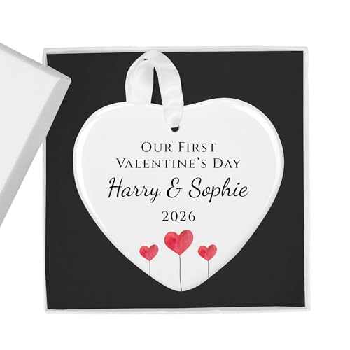 Our First Valentine's Day Heart Balloons white ceramic heart ornament