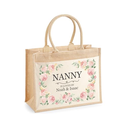 Personalised Floral Jute for Nanny or Grandma with Names Tote Bag