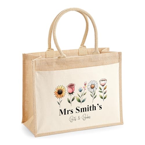 Personalised Floral Jute Tote Bag with Name