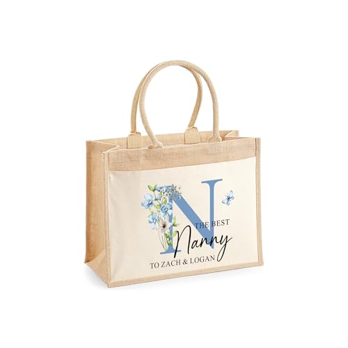 Personalised Floral Monogram Hessian Tote Shopping Bag for Nanny