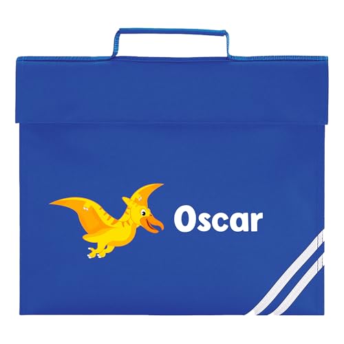 Blue flying dinosaur school book bag personalised with a name.