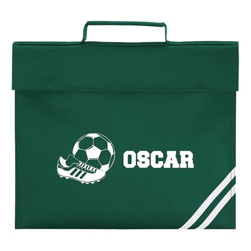 Green football school book bag with bold name lettering.