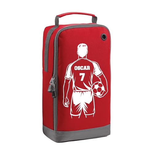 Red football shirt boot bag with personalised name and number