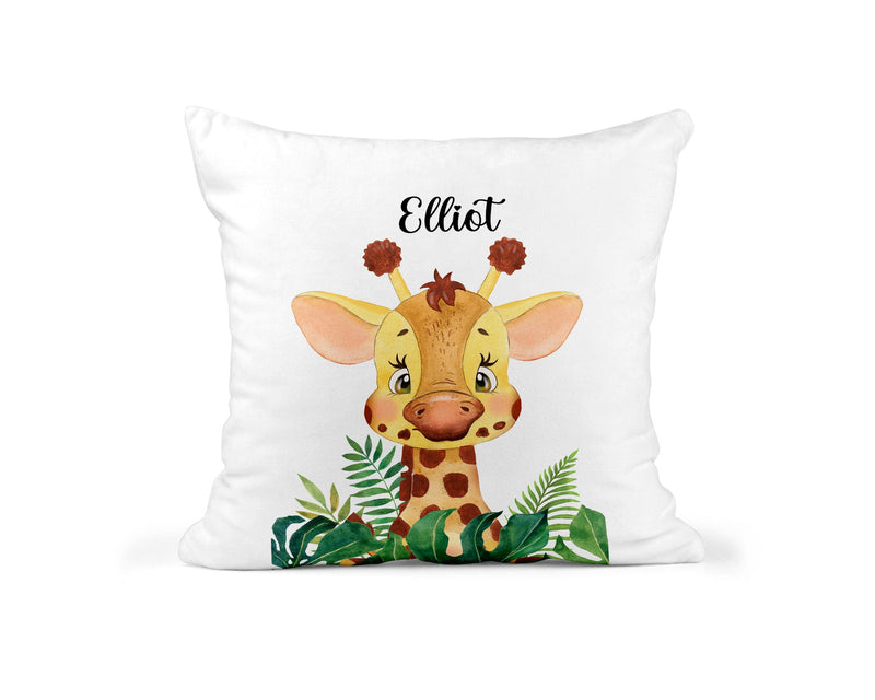 Personalised Giraffe Cushion with Name showing giraffe artwork with a nursery feel front view
