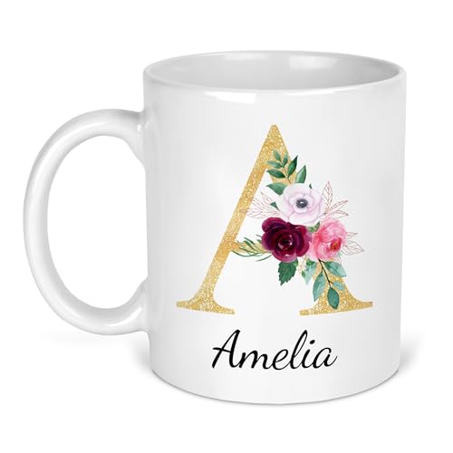 Personalised gold floral initial and name ceramic mug.