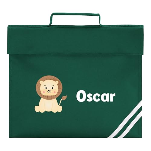 Green school book bag with cute lion and personalised name.