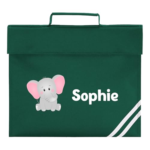 Green school book bag with cartoon elephant and personalised name