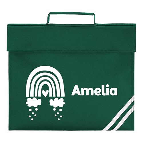 Green school book bag with white rainbow, clouds, heart, stripes and personalised name.