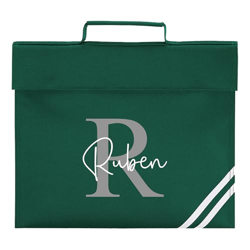Green school book bag with bold initial, cursive name and stripe accent.