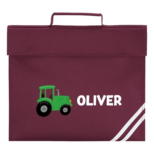 Burgundy school book bag with green tractor design and personalised name.