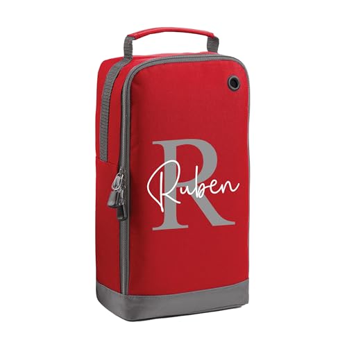 Red kids boot bag with grey initial design