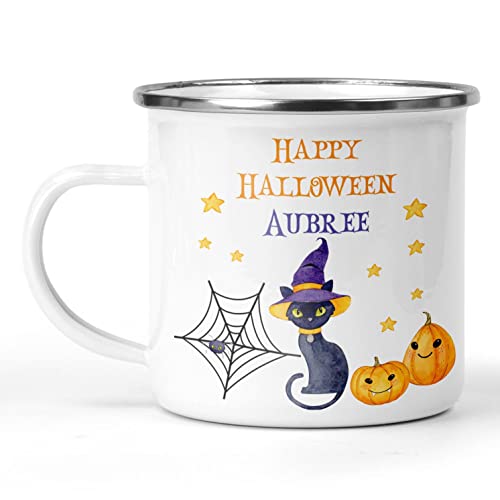 Personalised Halloween Cat Enamel Mug
